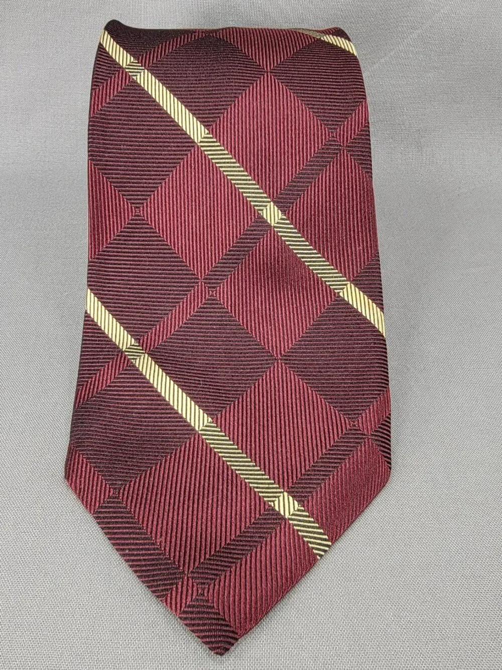 Fairfax Barneys Silk Necktie Tie Mens Maroon Gold Black Stripe Hand Made